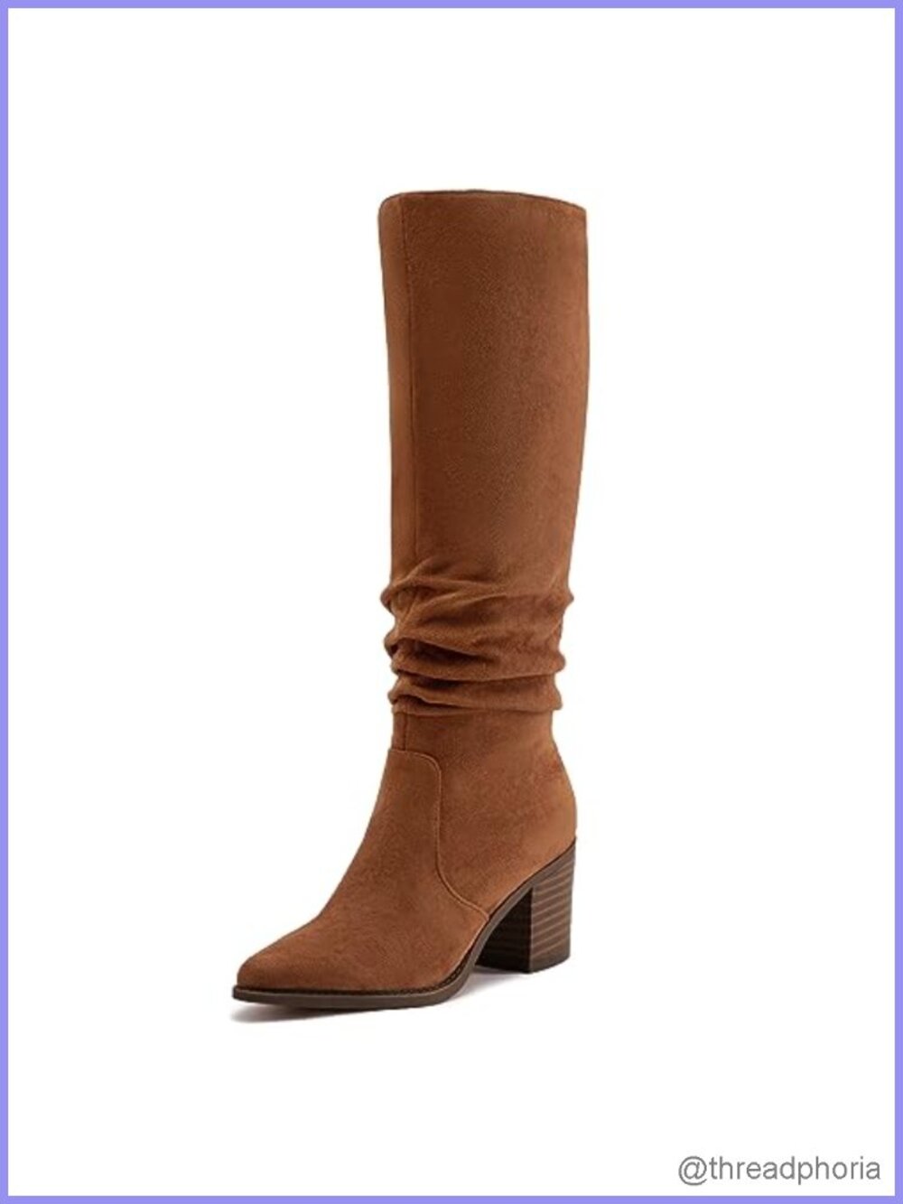 Women Suede Pointed Toe Chunky Heel Knee High Boots Slouchy Wide Calf